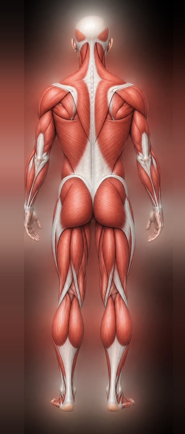 Anatomical illustration of the back, used to select the rotator cuff, hamstring, quadriceps, and calf