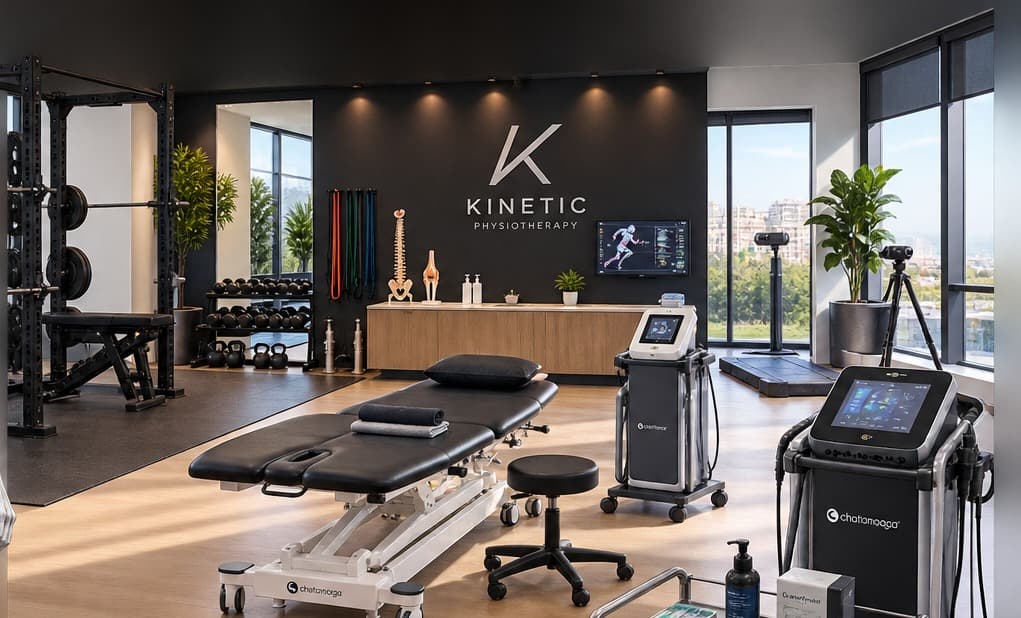 Inside the Kinetic Physio treatment studio, showing a treatment table, resistance bands, kettlebells, and testing equipment