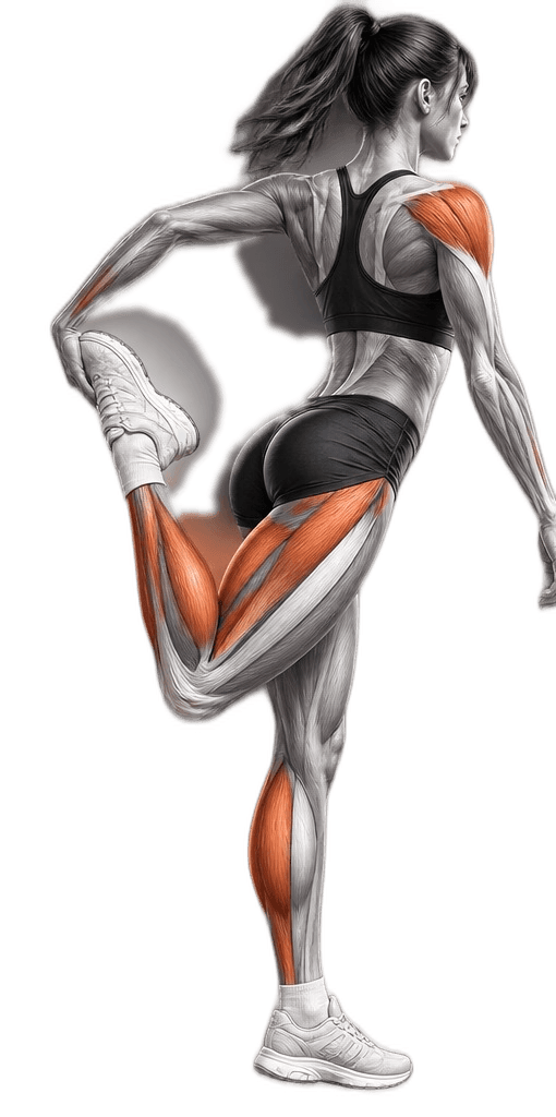 An athlete mid-stretch, with active muscle groups highlighted
